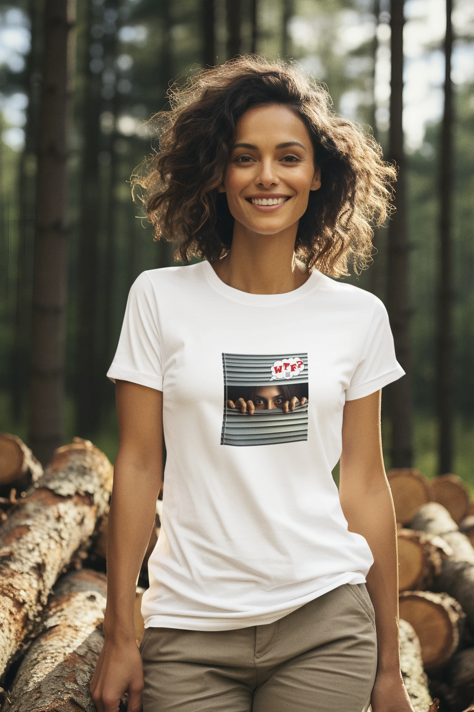 WTF Hispanic female activist t-shirt worn by a woman in a forest showcasing a powerful message.