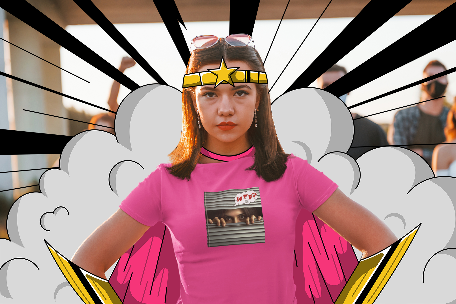 WTF Hispanic female activist t-shirt worn by a confident young girl in a superhero pose with a colorful comic background.