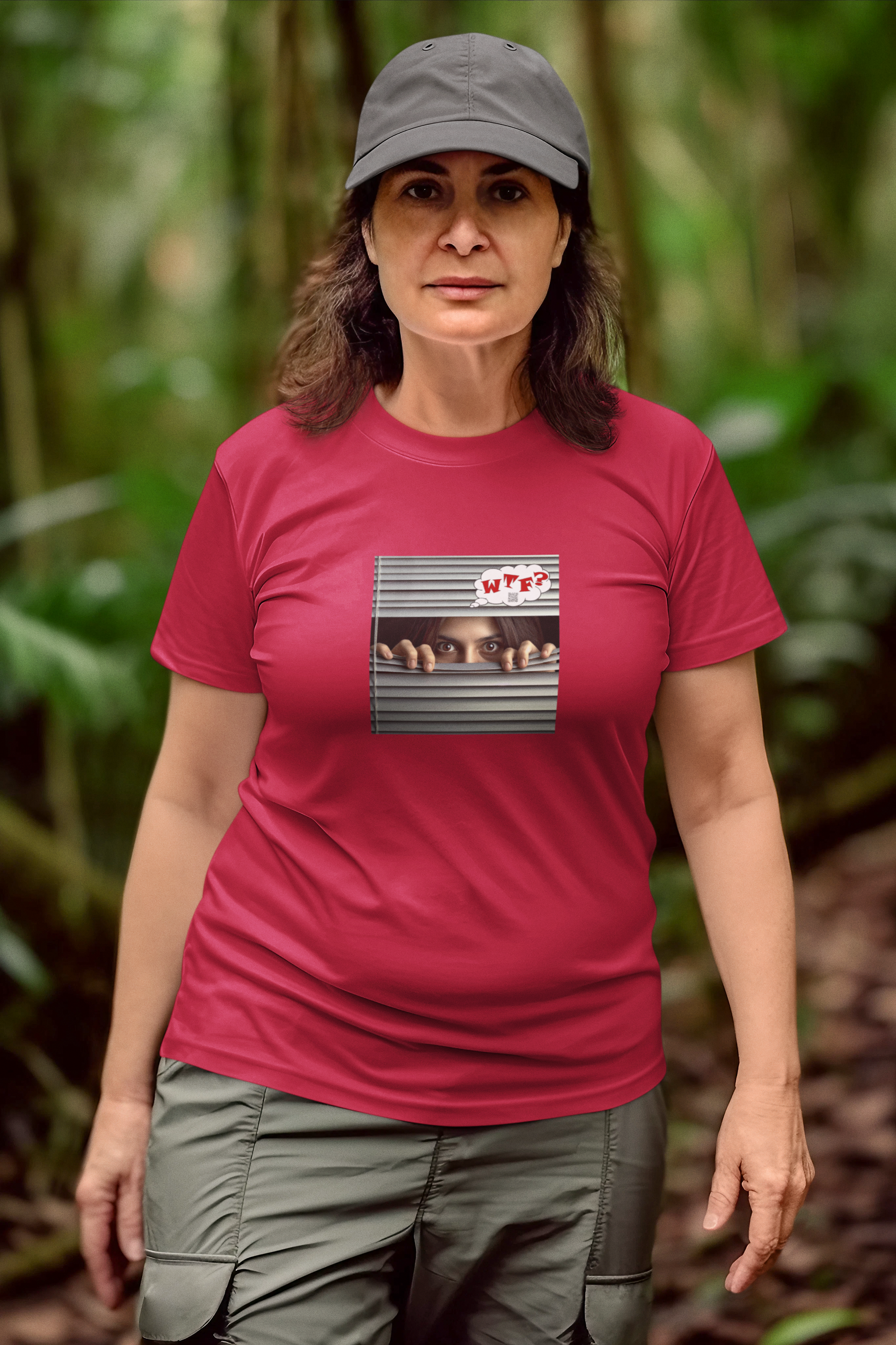 WTF Hispanic female activist t-shirt worn by a woman in a lush green forest setting, showcasing a bold design.
