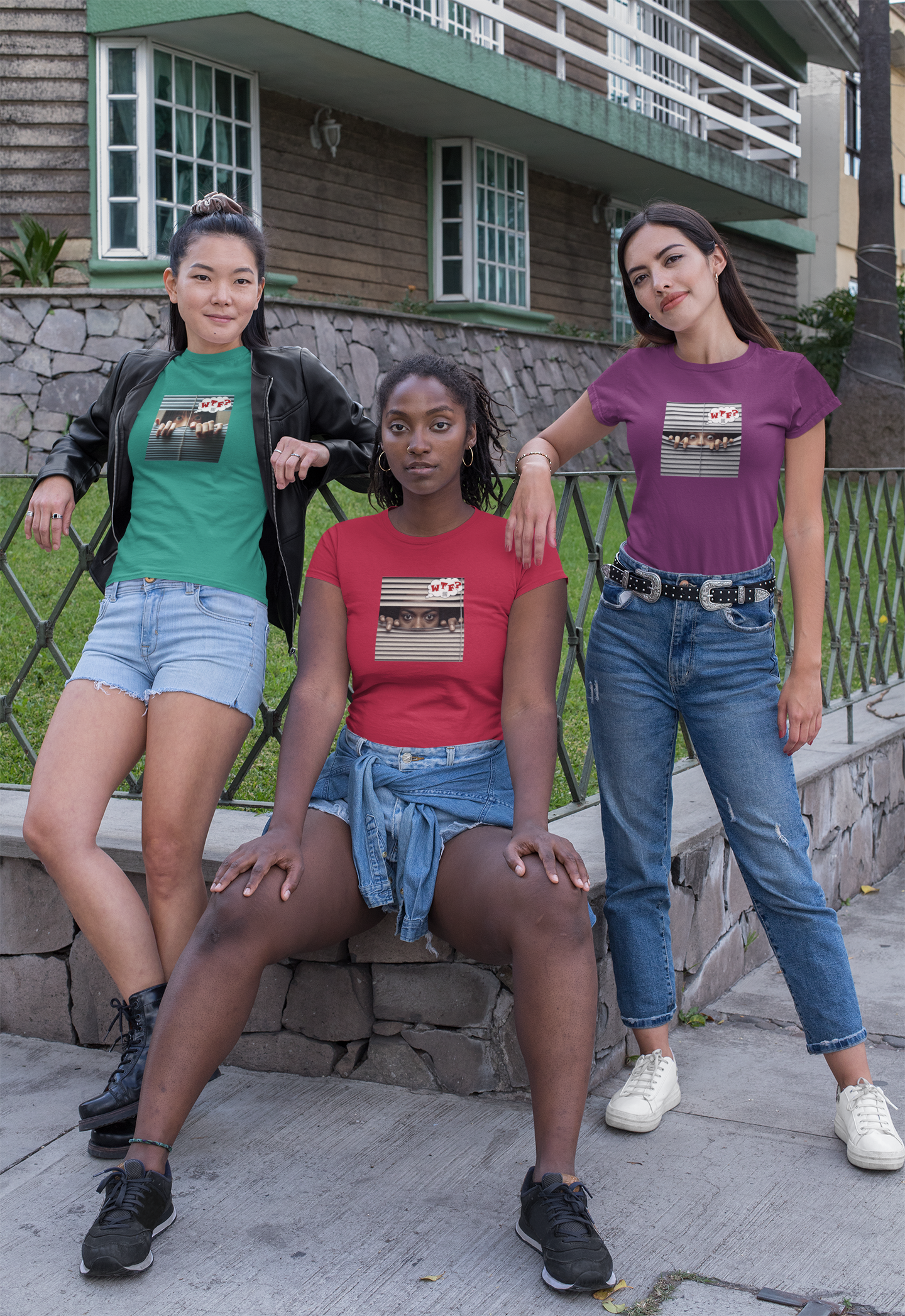 WTF Hispanic female activist t-shirt worn by diverse models showcasing bold fashion statement.