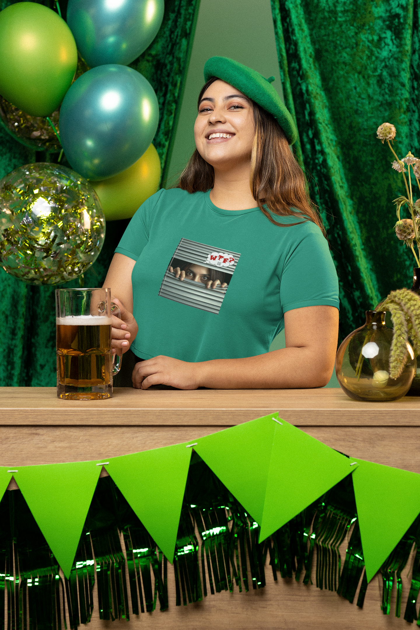 smiling hispanic woman drinking a beer at a St. Patrick's day party wearing a green tam o'shanter and a turf green WTF? protest tshirt featuring an hispanic woman peering intently through separated slats of a venetian  blind while thinking WTF? in red let