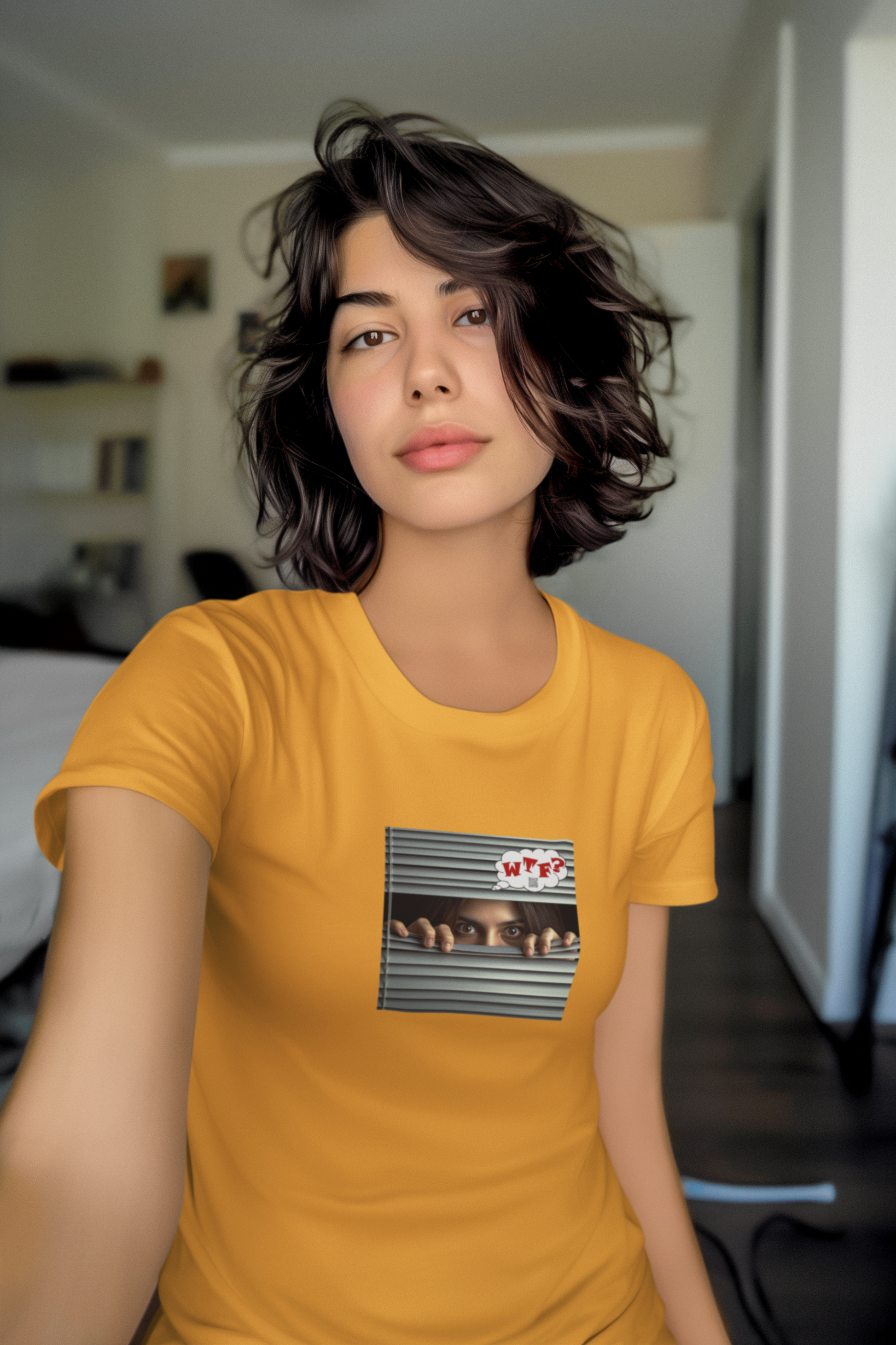 Model wearing WTF Hispanic female activist t-shirt featuring bold artwork and a challenging message.