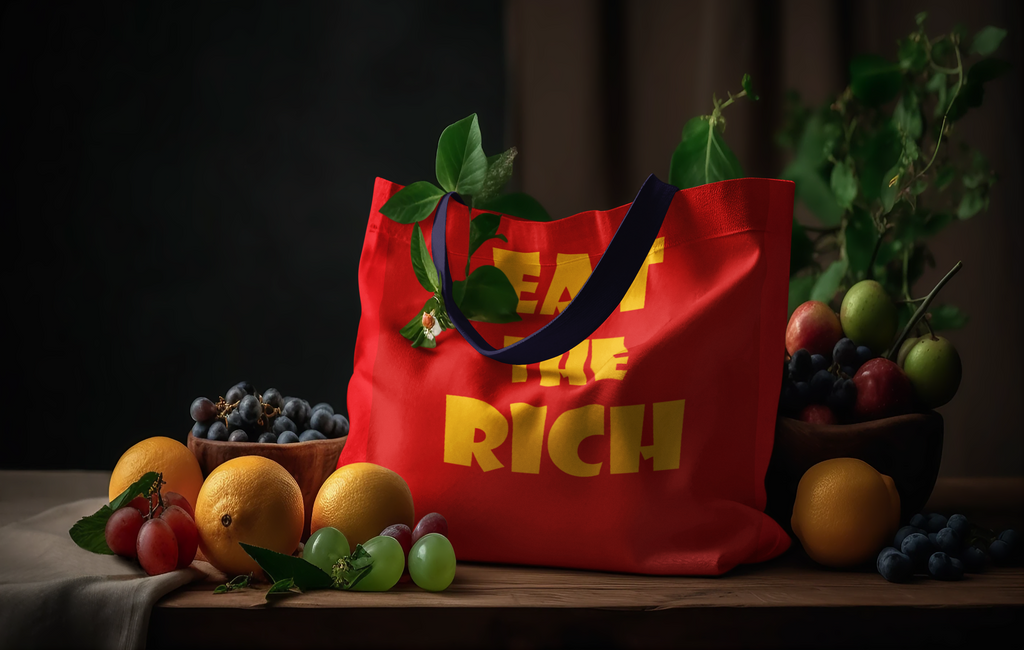 Eat the Rich accessory tote bag displayed with fresh fruits on a wooden table, highlighting bold typography.