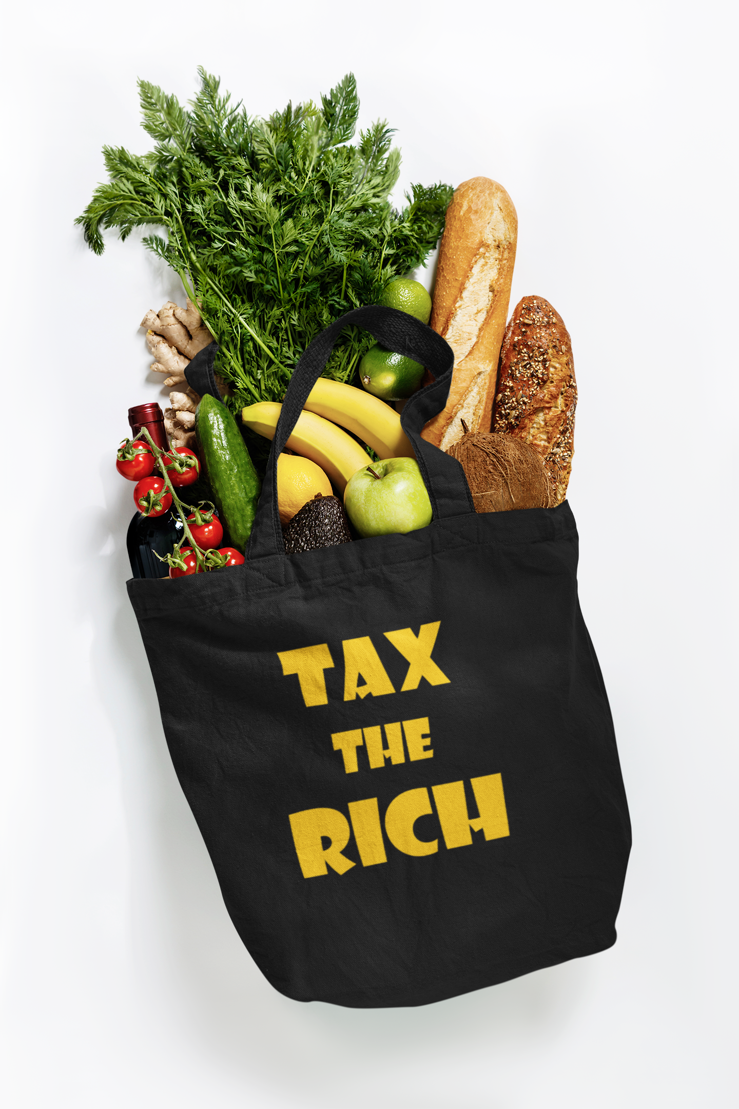 Tax the Rich accessory tote bag filled with groceries showcasing a bold message on wealth inequality.