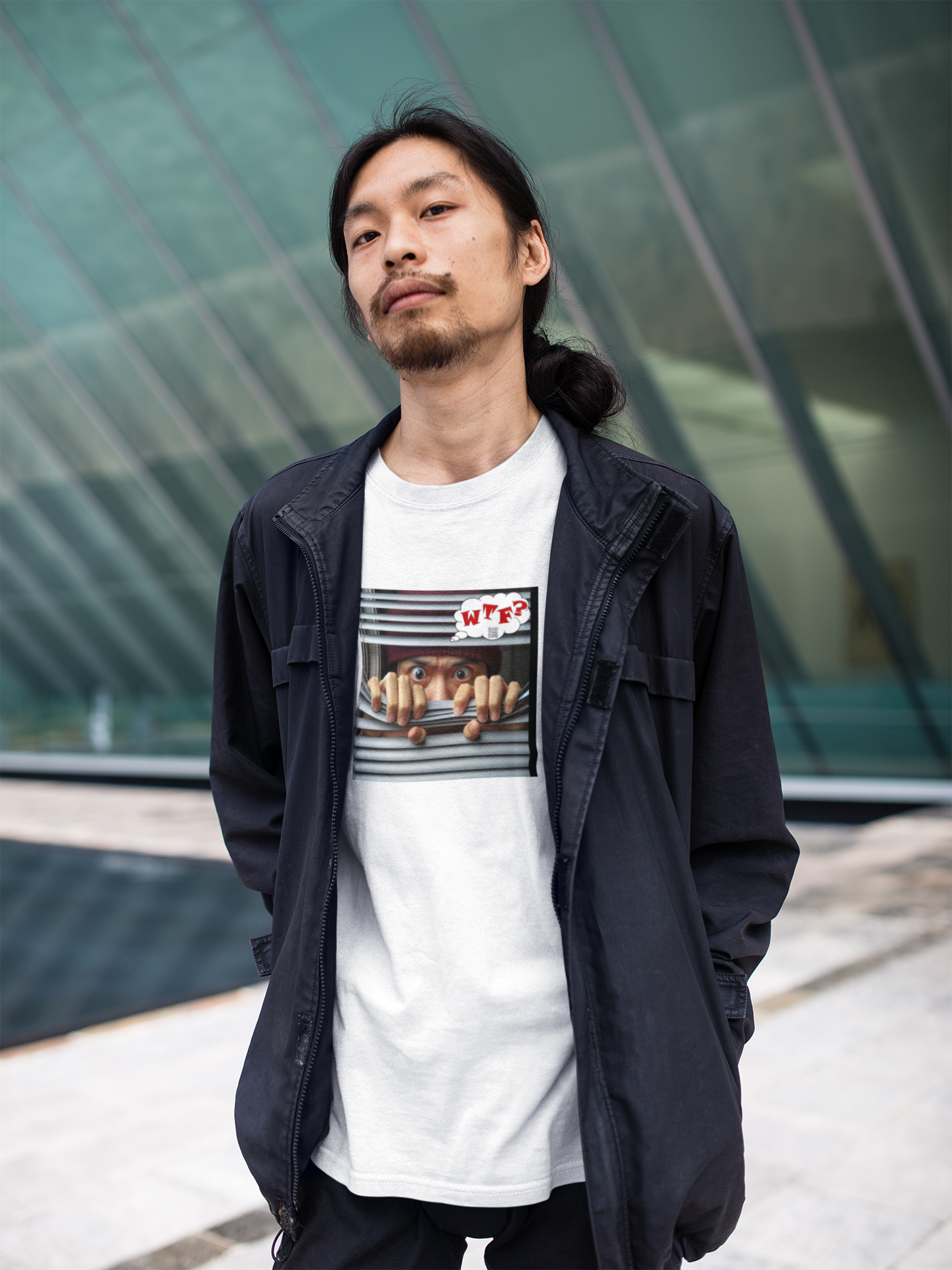 WTF activist t-shirt for Asian male model worn by male model in urban setting.