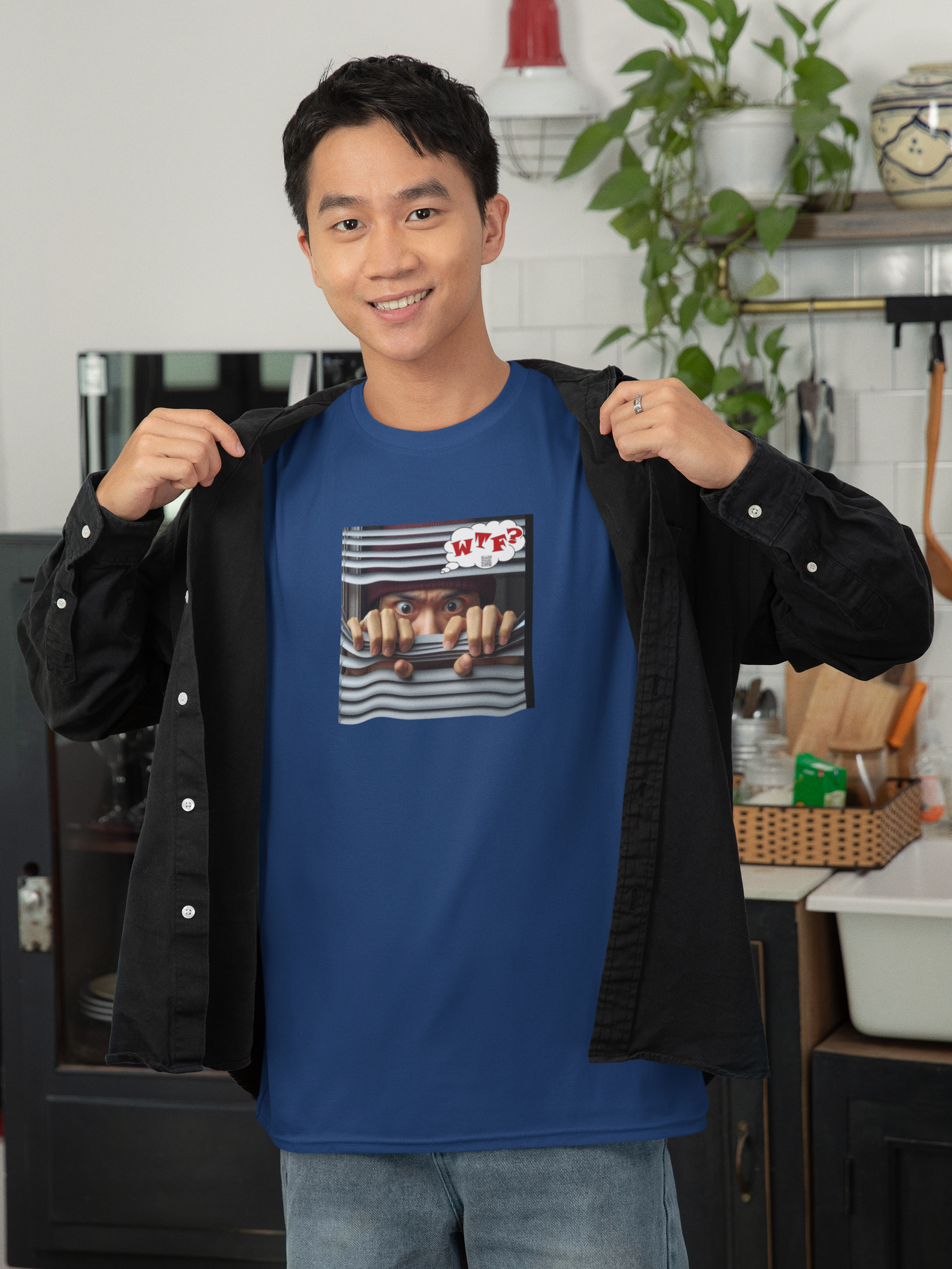 WTF activist t-shirt for Asian male model displayed on a smiling young man in a casual setting.