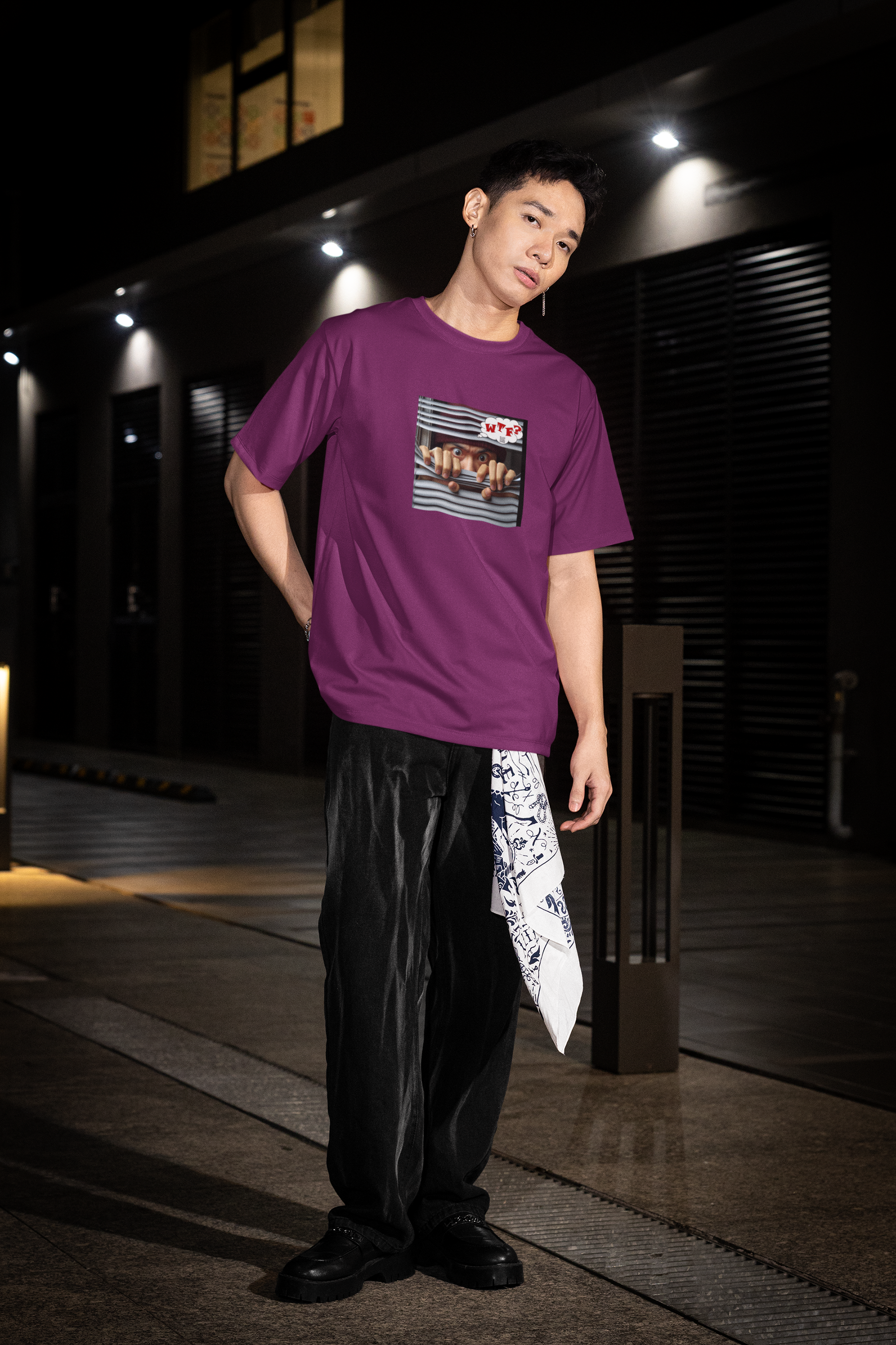 WTF activist t-shirt for Asian male model worn by a young man in a casual urban setting.