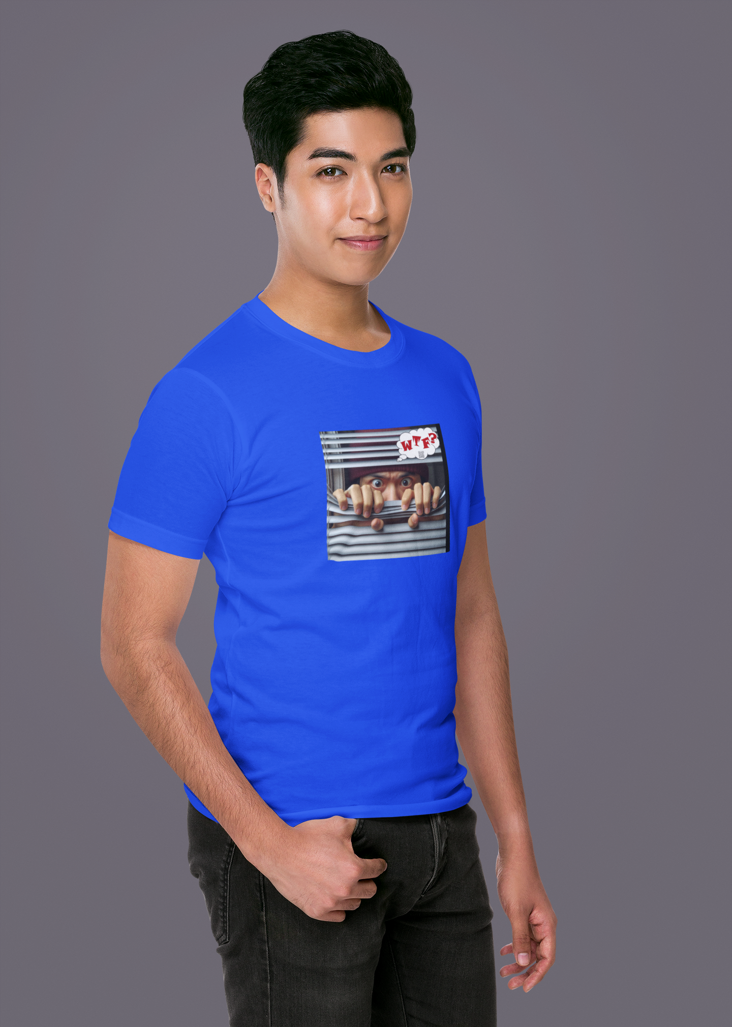 Asian male model wearing WTF activist t-shirt for Asian male model in vibrant blue, promoting self-expression.