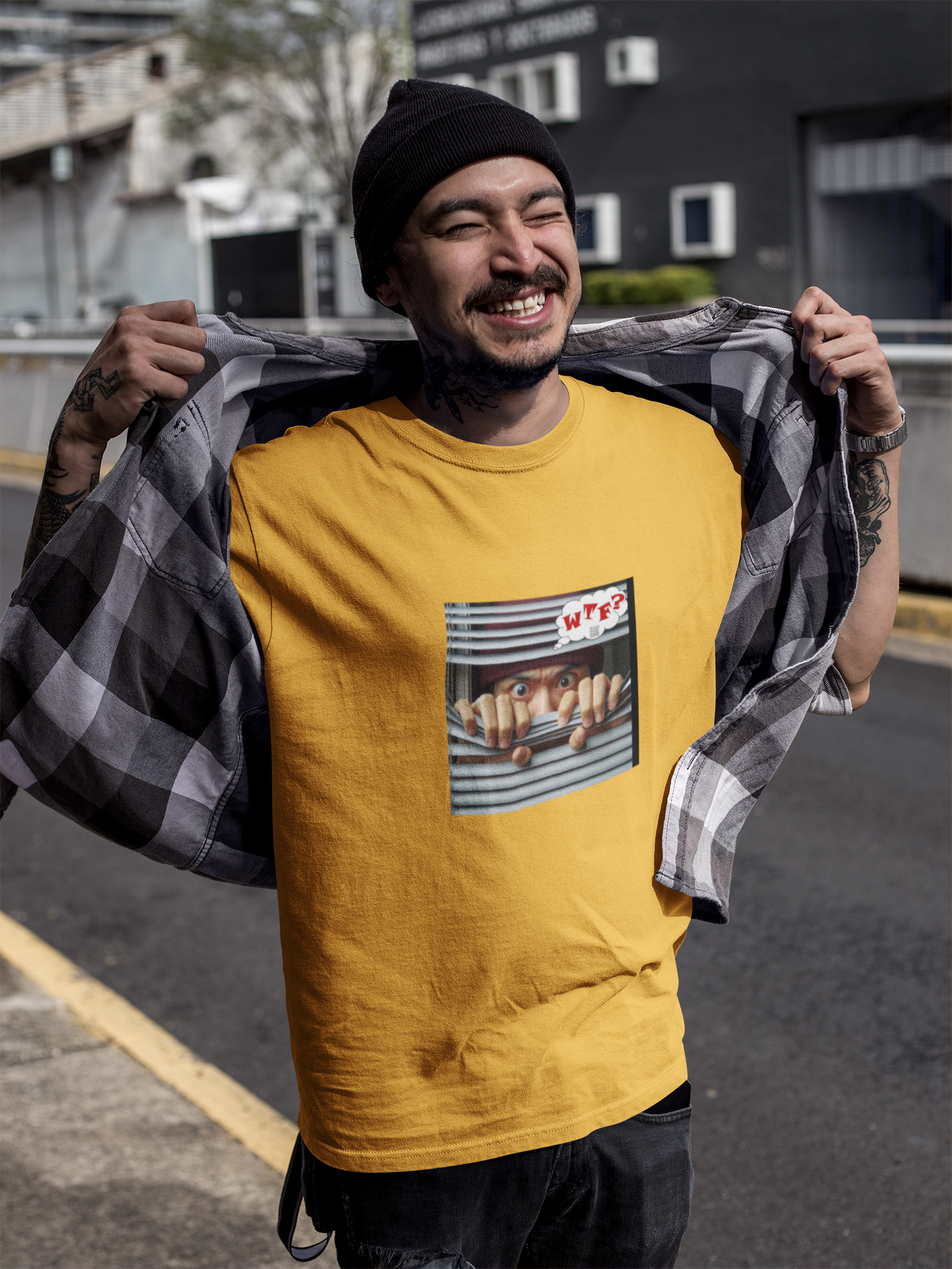 WTF activist t-shirt for Asian male model worn by smiling man outdoors, showcasing unique design and impactful message.