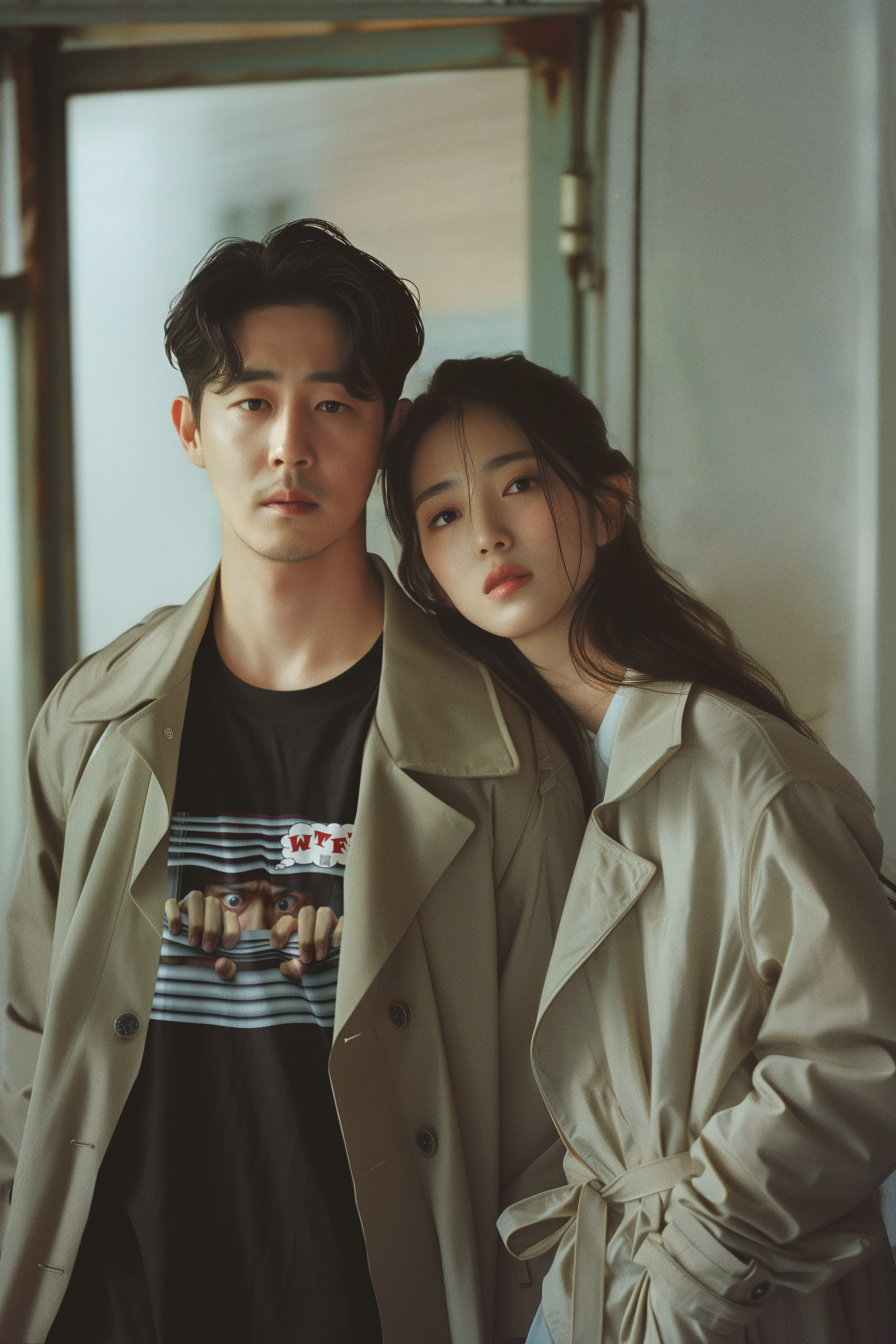 WTF activist t-shirt for Asian male model worn by a male model and a female model in stylish trench coats.