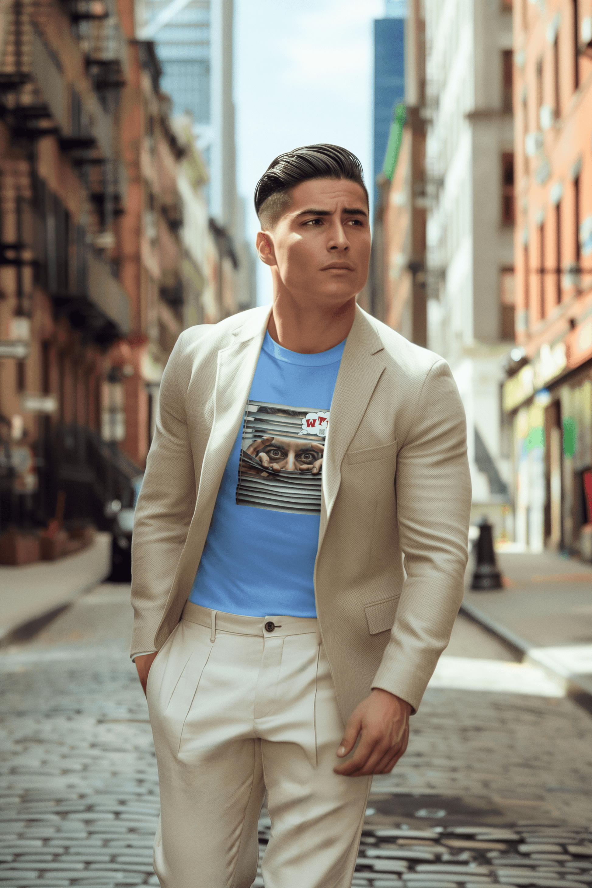 WTF activist t-shirt Hispanic male model worn by a Hispanic male model in a city street setting.