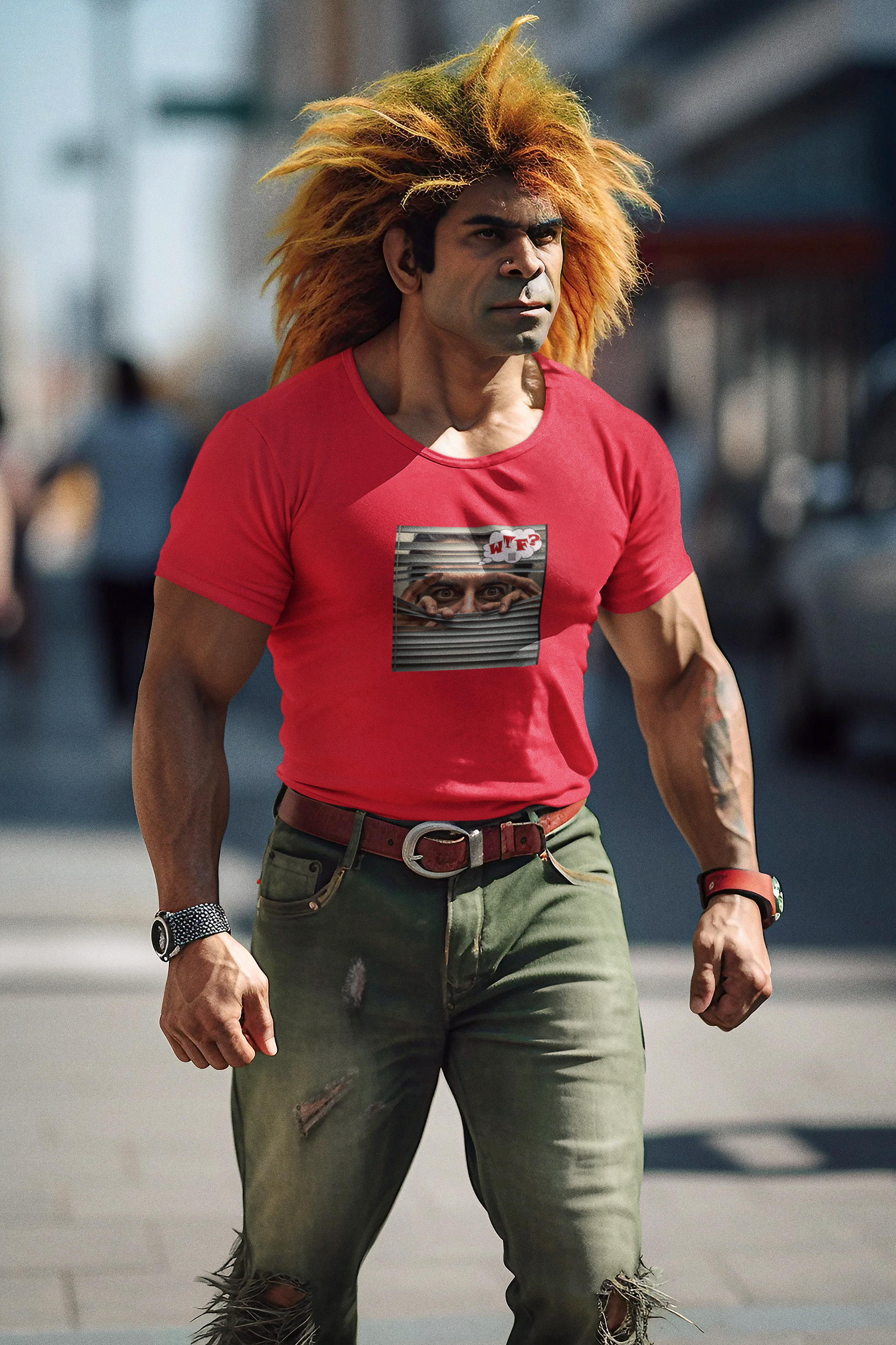 WTF activist t-shirt Hispanic male model wearing a red shirt with a unique design, walking outdoors.