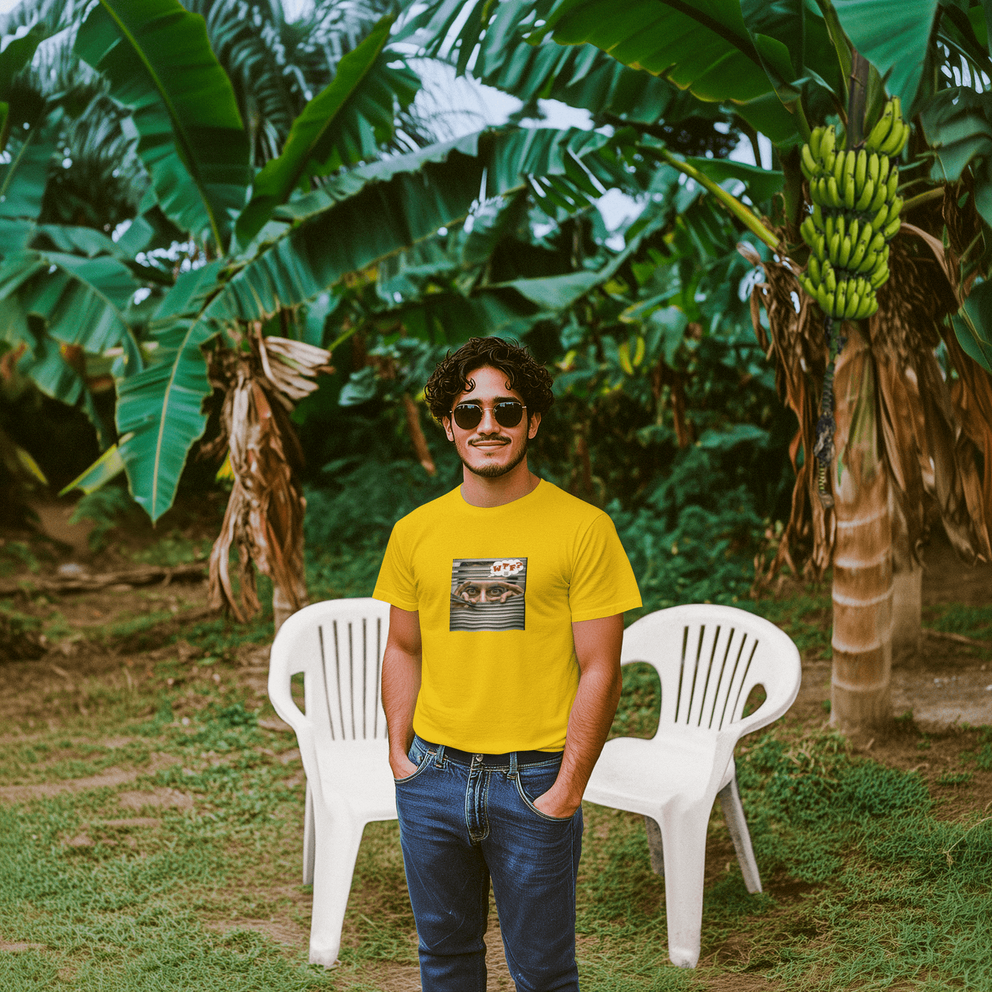 WTF activist t-shirt Hispanic male model wearing a yellow shirt standing in a banana plantation.