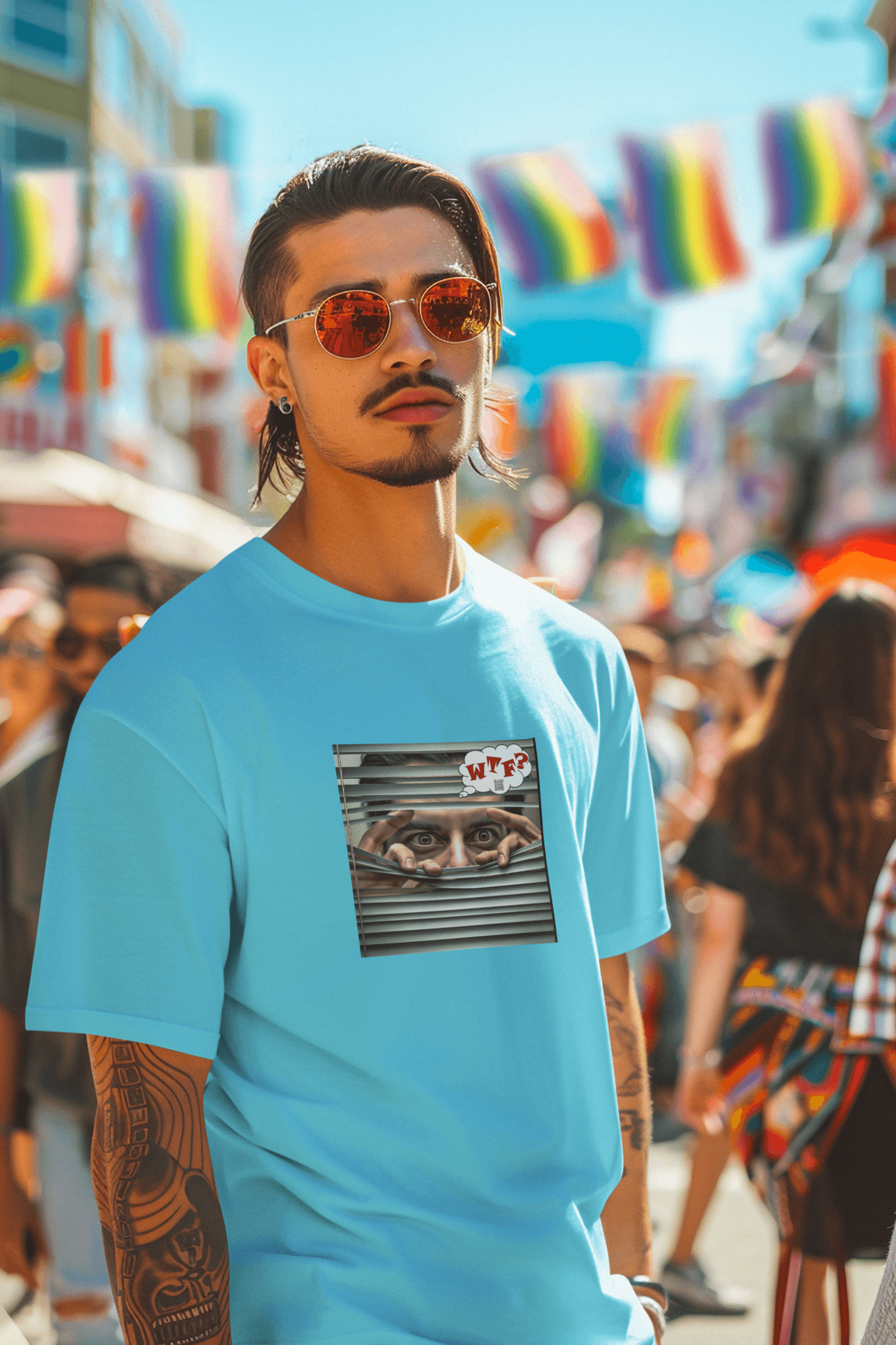 WTF activist t-shirt Hispanic male model wearing sunglasses at a vibrant outdoor festival.