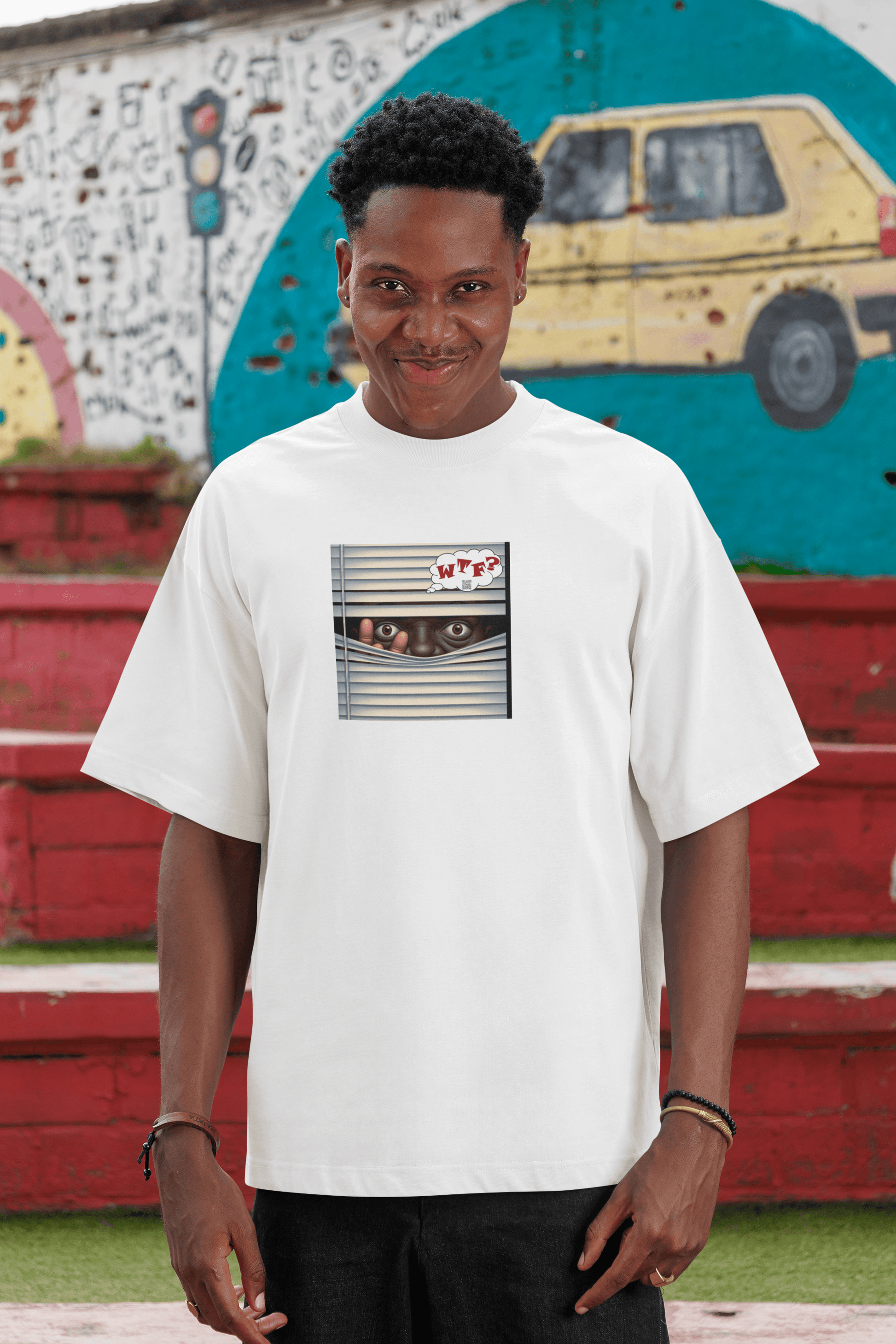 WTF Activist T-Shirt - Black Male Model Designed by jthomascrowne, worn by a model in a creative urban setting.