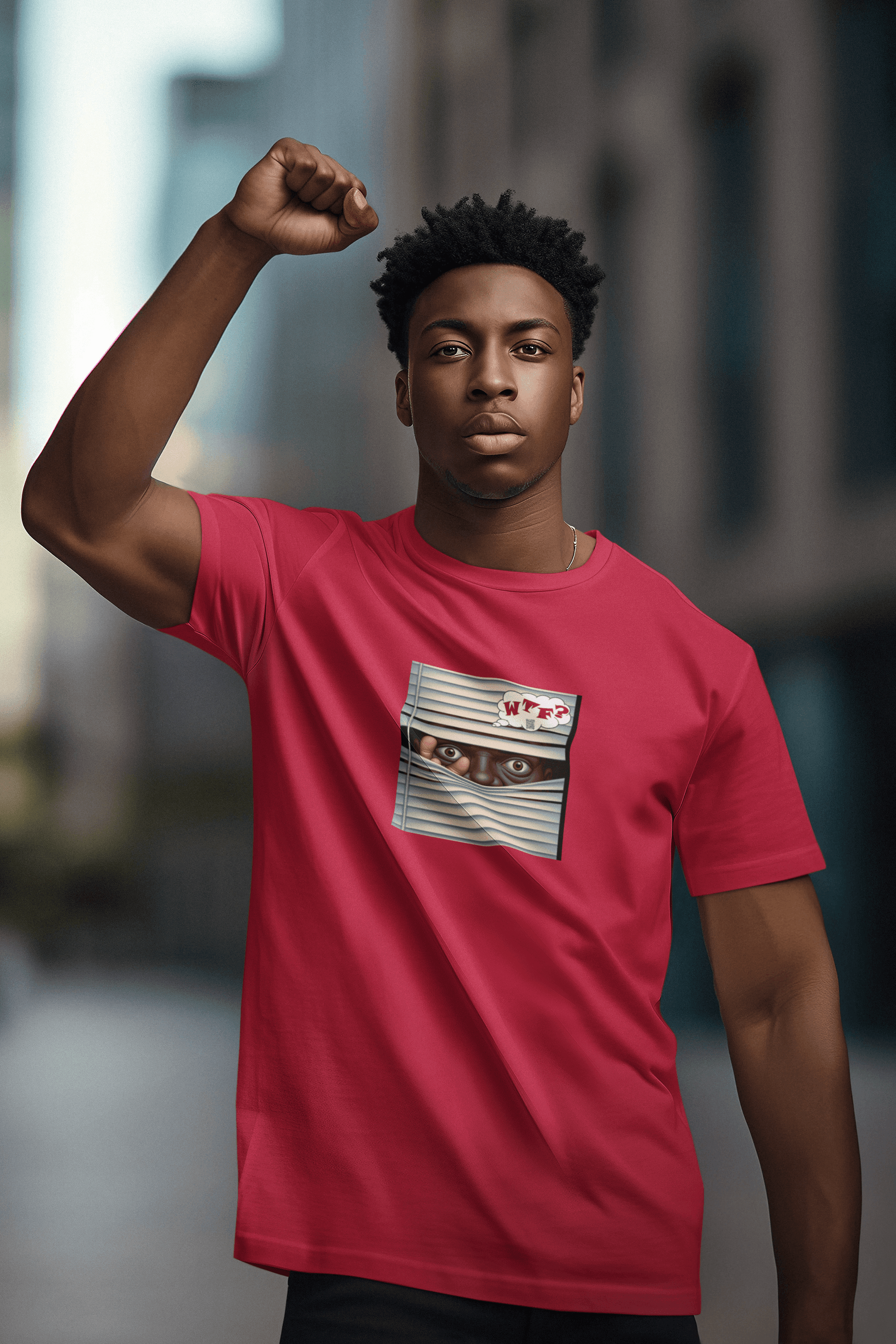 WTF Activist T-Shirt - Black Male Model Designed by jthomascrowne featuring a model in a red shirt with a unique design.