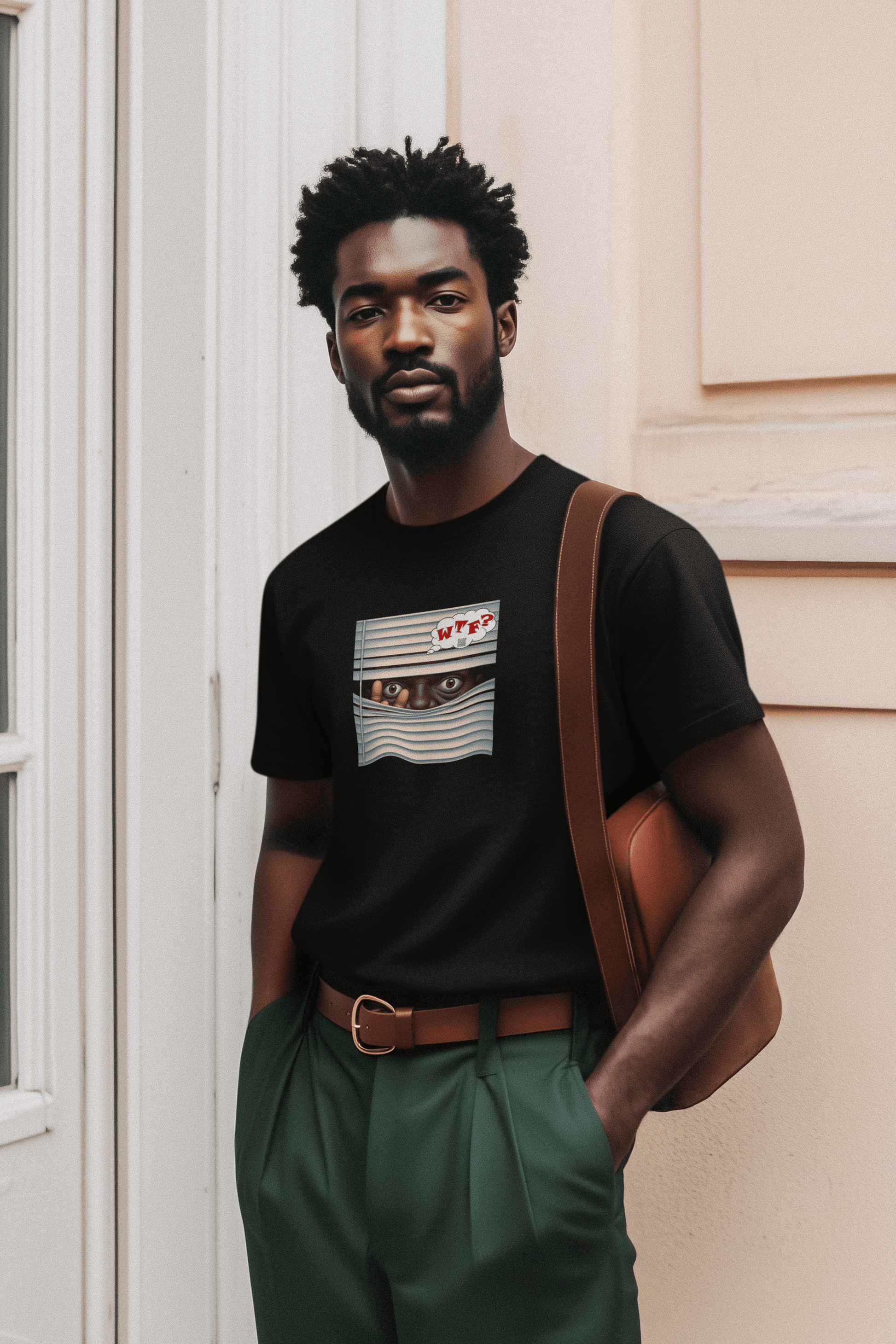 WTF Activist T-Shirt - Black Male Model Designed by jthomascrowne worn by a male model in a stylish urban setting.