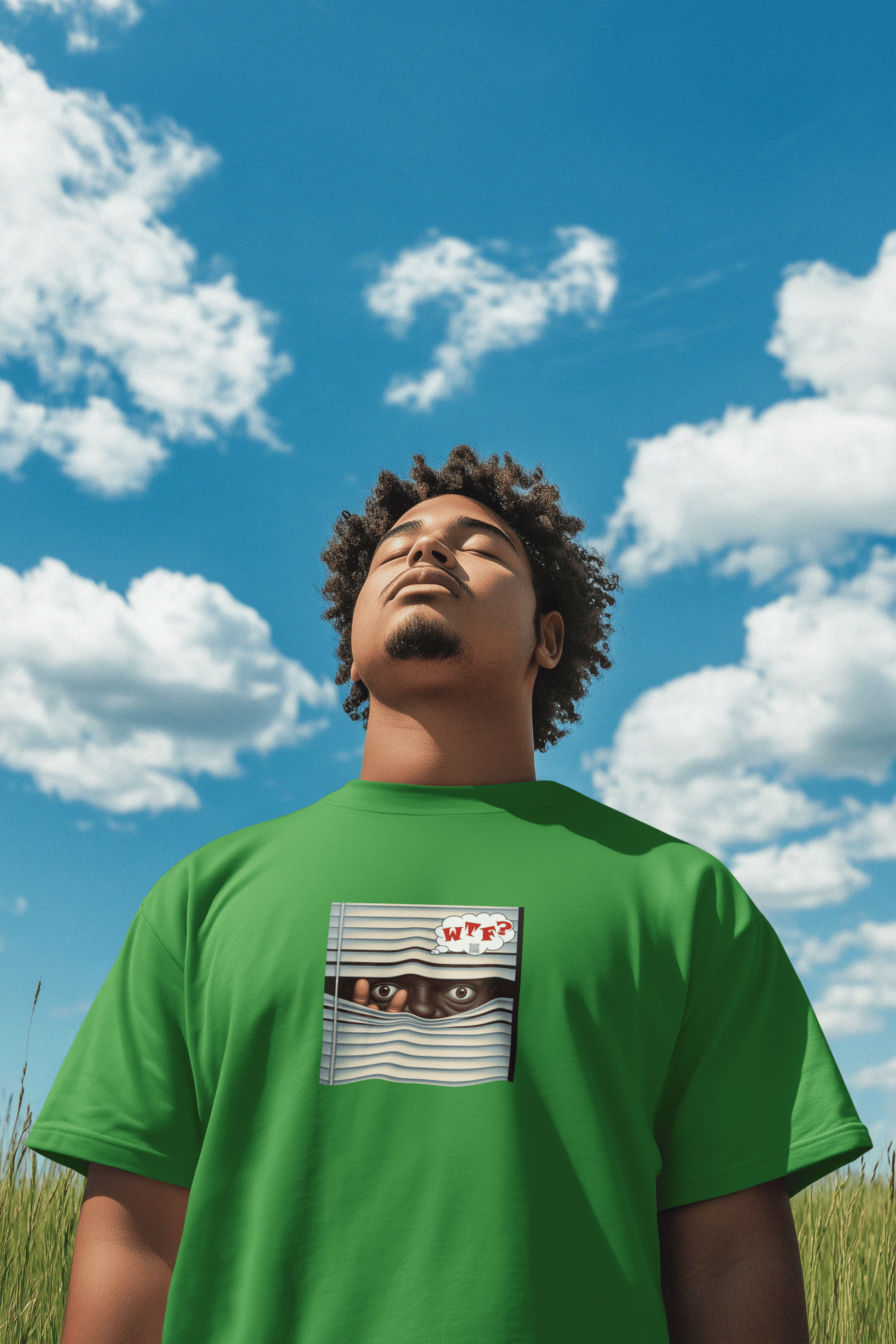 WTF Activist T-Shirt - Black Male Model Designed by jthomascrowne, green shirt, outdoor setting, blue sky with clouds.