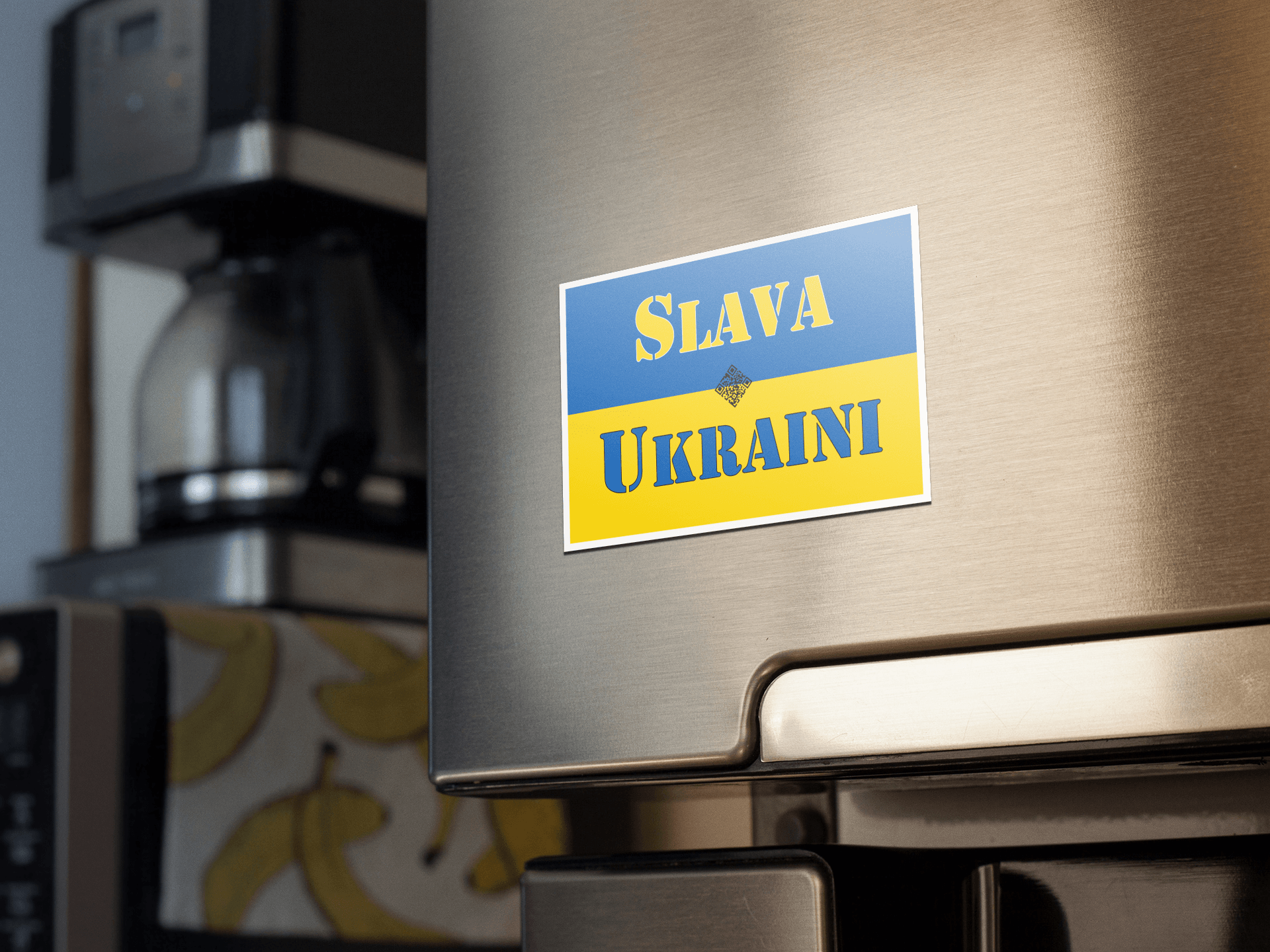 Slava Ukraini magnet displayed on a refrigerator, promoting support for Ukraine and democracy.