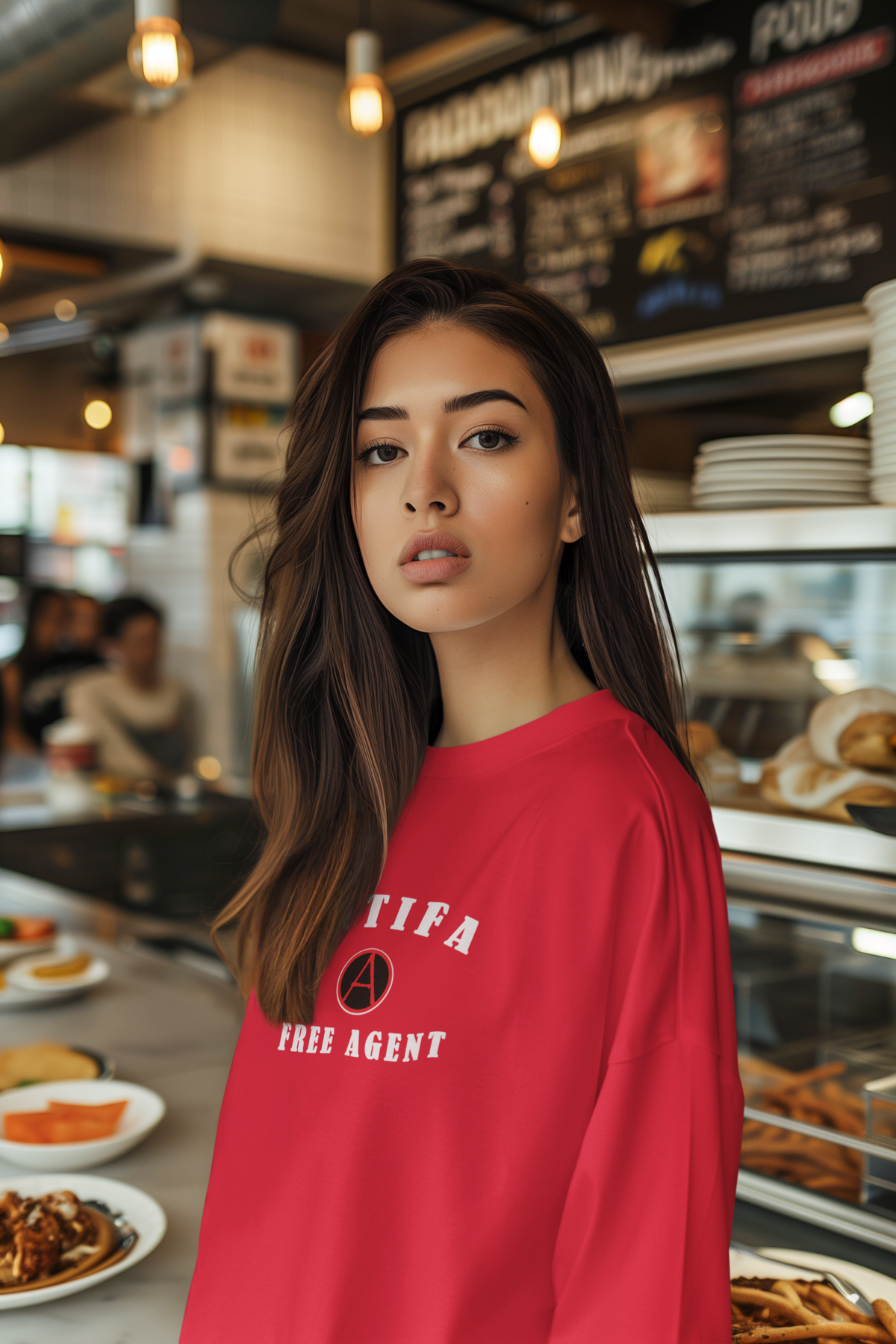 A young woman with long brown hair stands in a restaurant or cafe setting, wearing a bright pinkish-red long-sleeve sweatshirt with 'TIFA FREE AGENT' printed in white on the front.