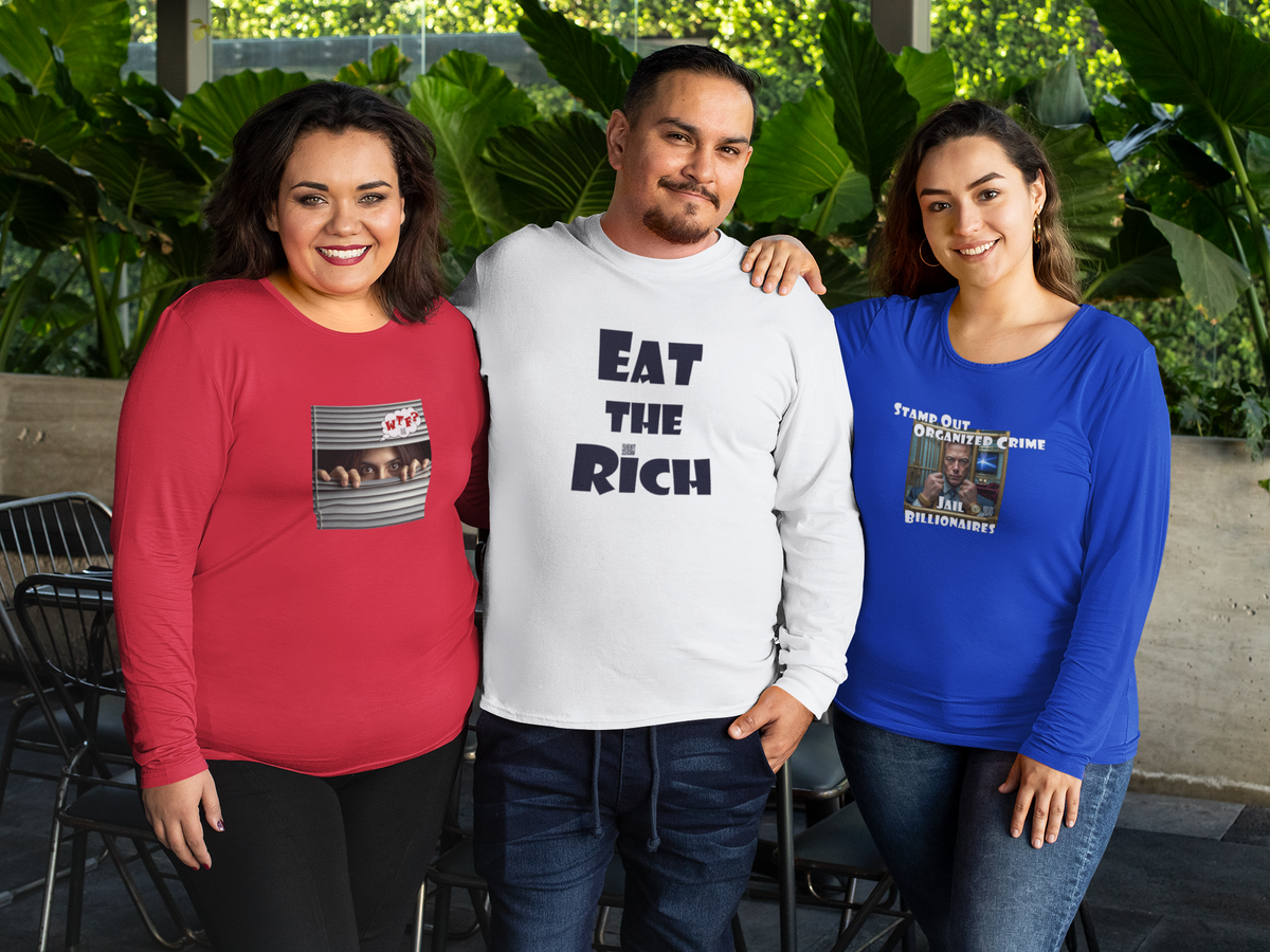 Three people standing together outdoors wearing long-sleeve graphic t-shirts. The person in the center wears a white shirt with the text 'EAT THE RICH' in dark blue.
