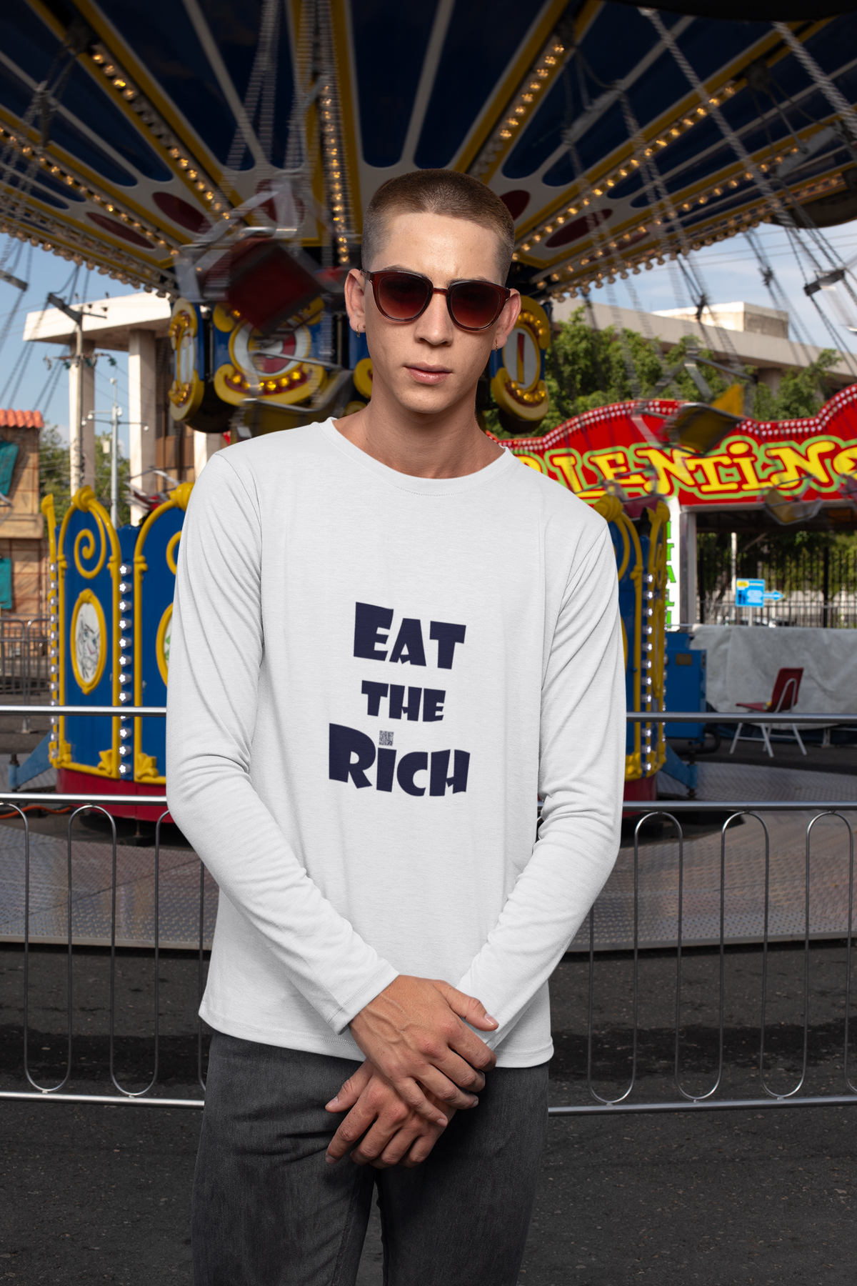 red long-sleeve shirt with the text 'EAT THE RICH' in white