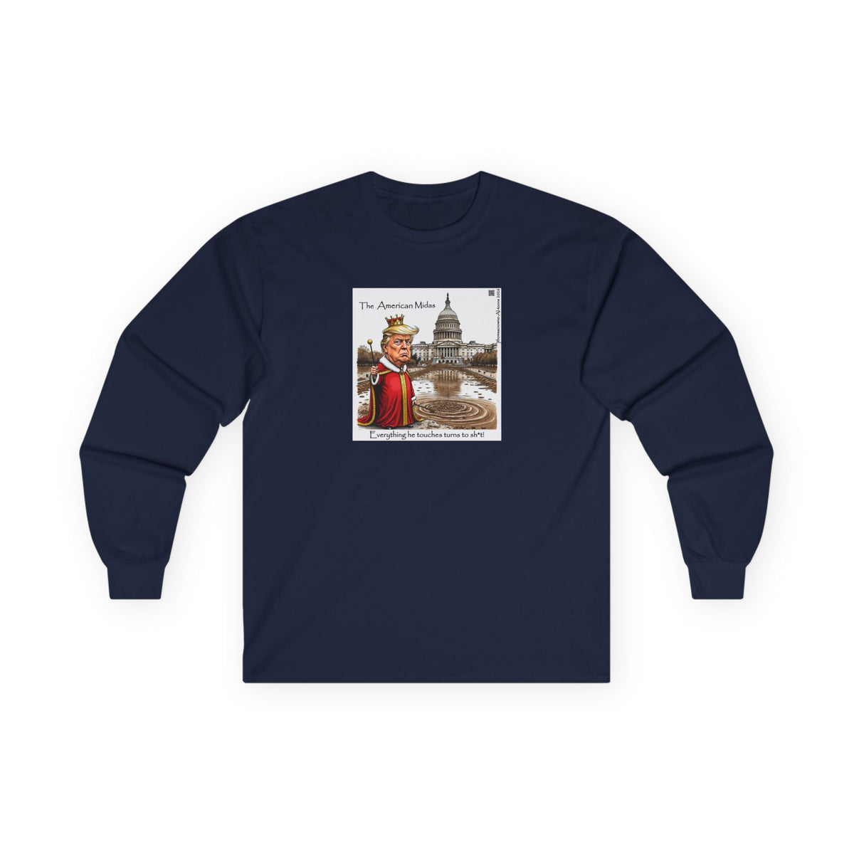 A navy blue long-sleeve t-shirt with a square graphic print on the chest, featuring a cartoon caricature of a man in a red robe standing in front of the US Capitol building.