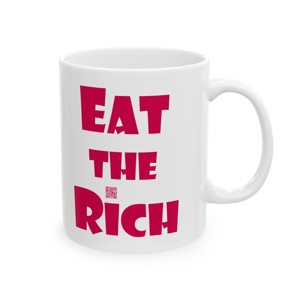 White EAT THE RICH 11oz Ceramic Mug with bold red text design.
