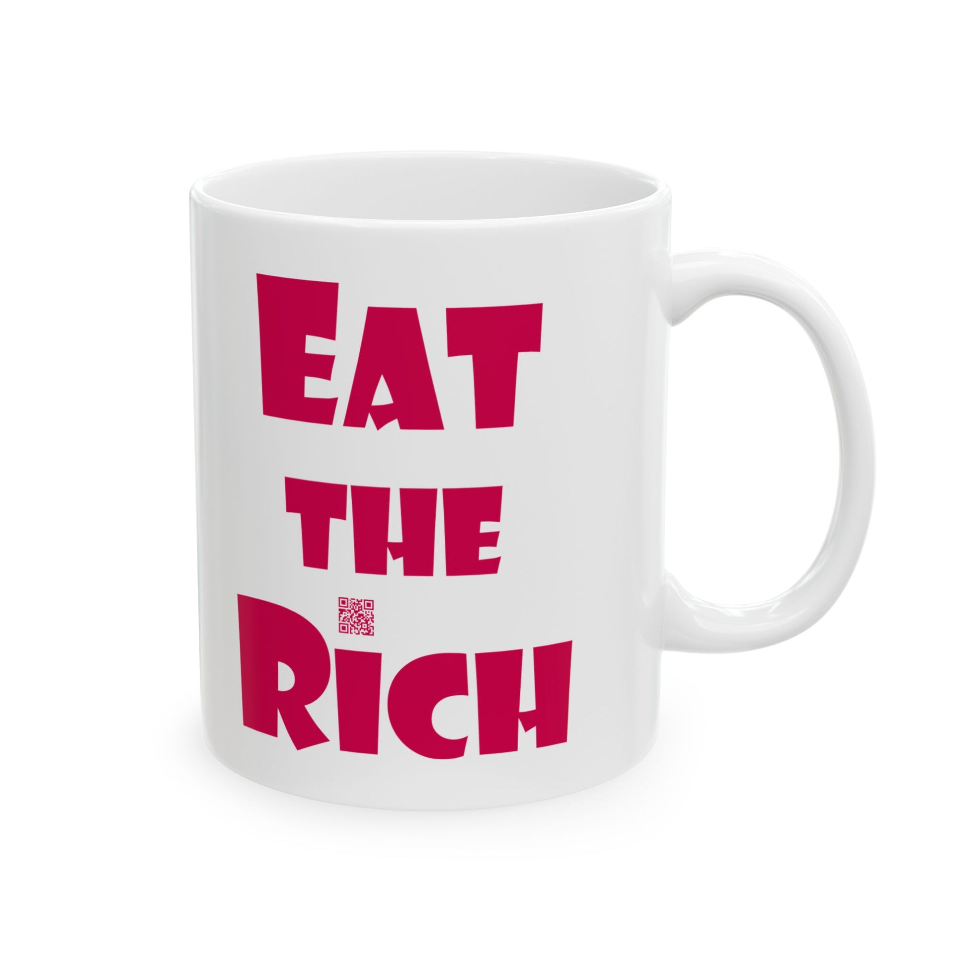 White EAT THE RICH 11oz Ceramic Mug with bold red text design.