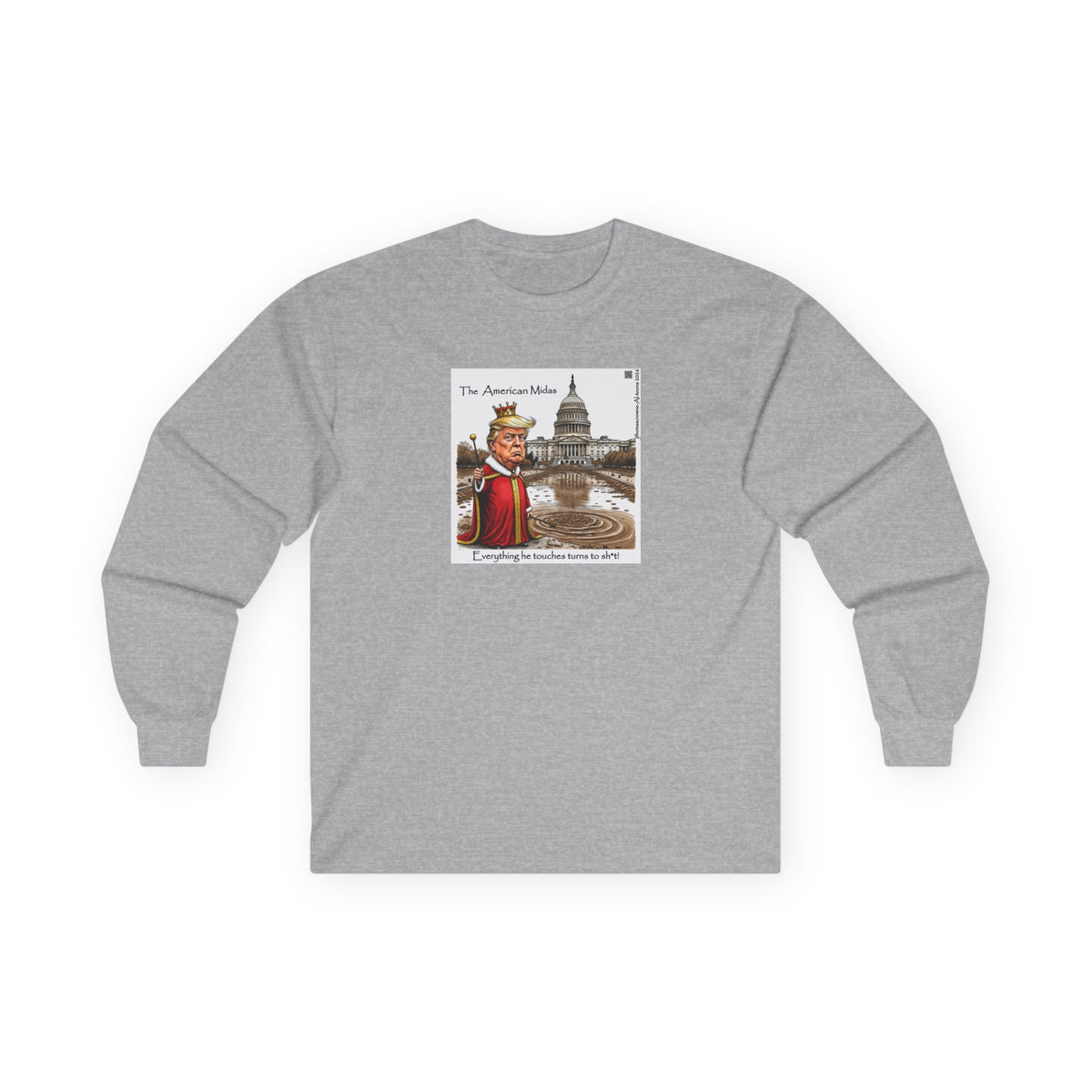 A heather gray long-sleeve t-shirt with a central graphic print of a cartoon character resembling Donald Trump wearing a crown and red robe, standing in front of the US Capitol building.