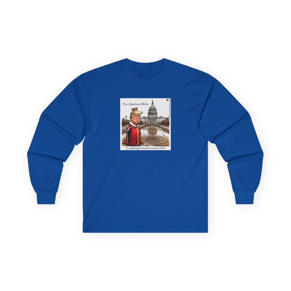 Model wearing the American Midas long sleeve anti-capitalist tee, featuring a classic fit and durable taped shoulders.